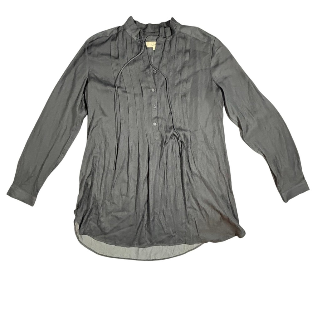 LOFT Women's Gray Pleated Tie Neck Long Sleeve‎ Tunic Shirt Size S